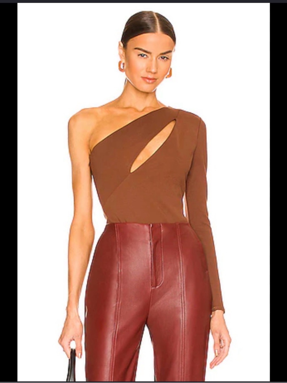 NBD Revolve Mocha One-Shoulder Cutout Long-Sleeve Bodysuit
